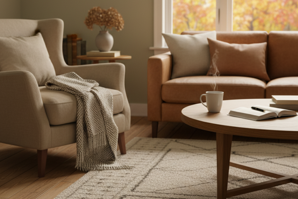 Simple fall home moment with a half-folded blanket and warm drink, showing imperfect but peaceful living.