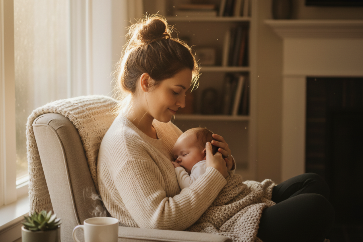 Mother holding her sleeping baby in a cozy chair, symbolizing gentle routines and flexible weekly planning for real mom life.