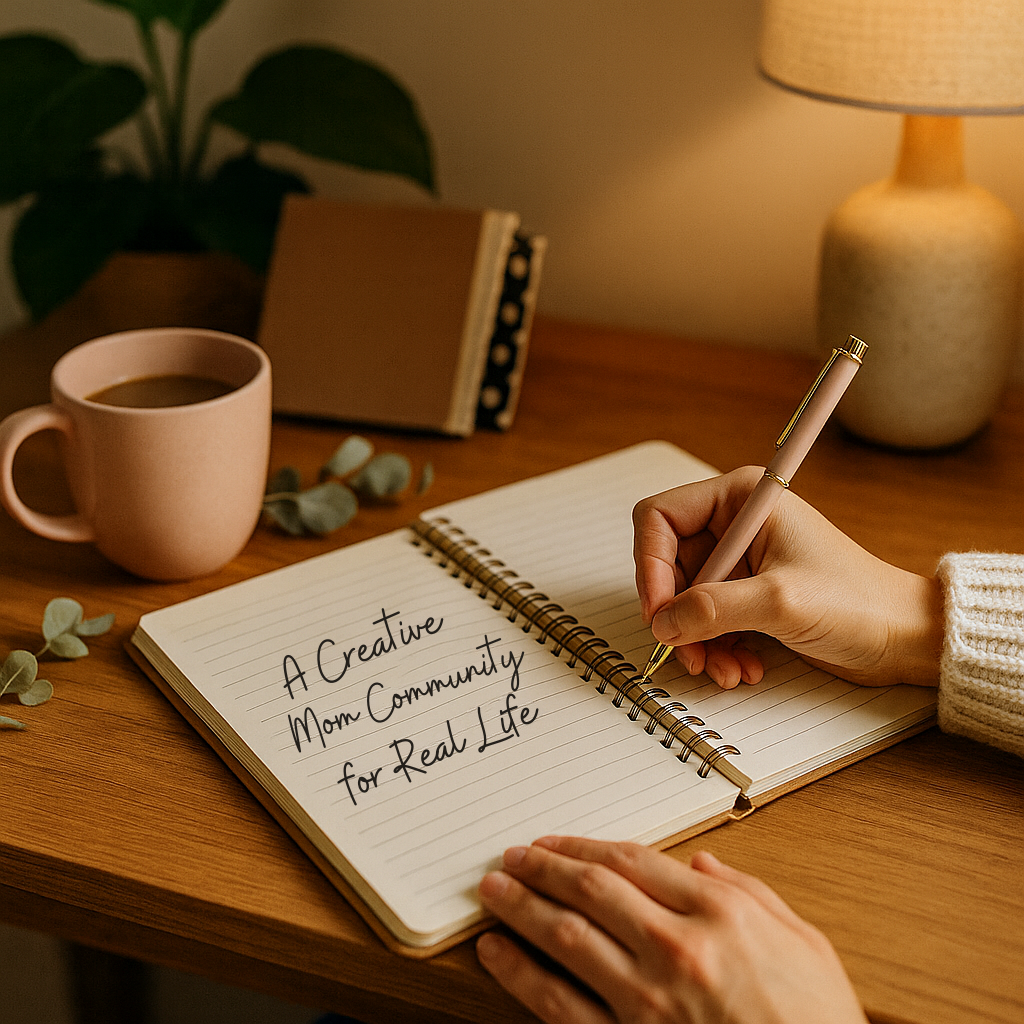 A woman writing in a notebook at a warm, cozy desk with a mug and lamp nearby.v